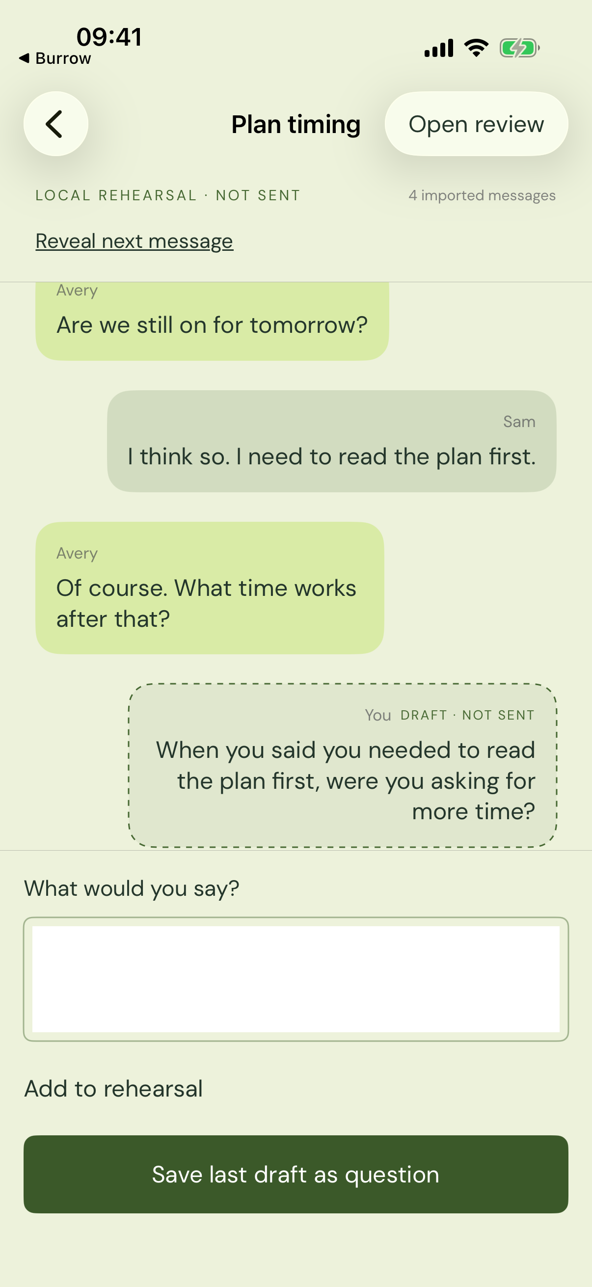 Nina Chat rehearsal screen showing imported messages and a draft labeled not sent.