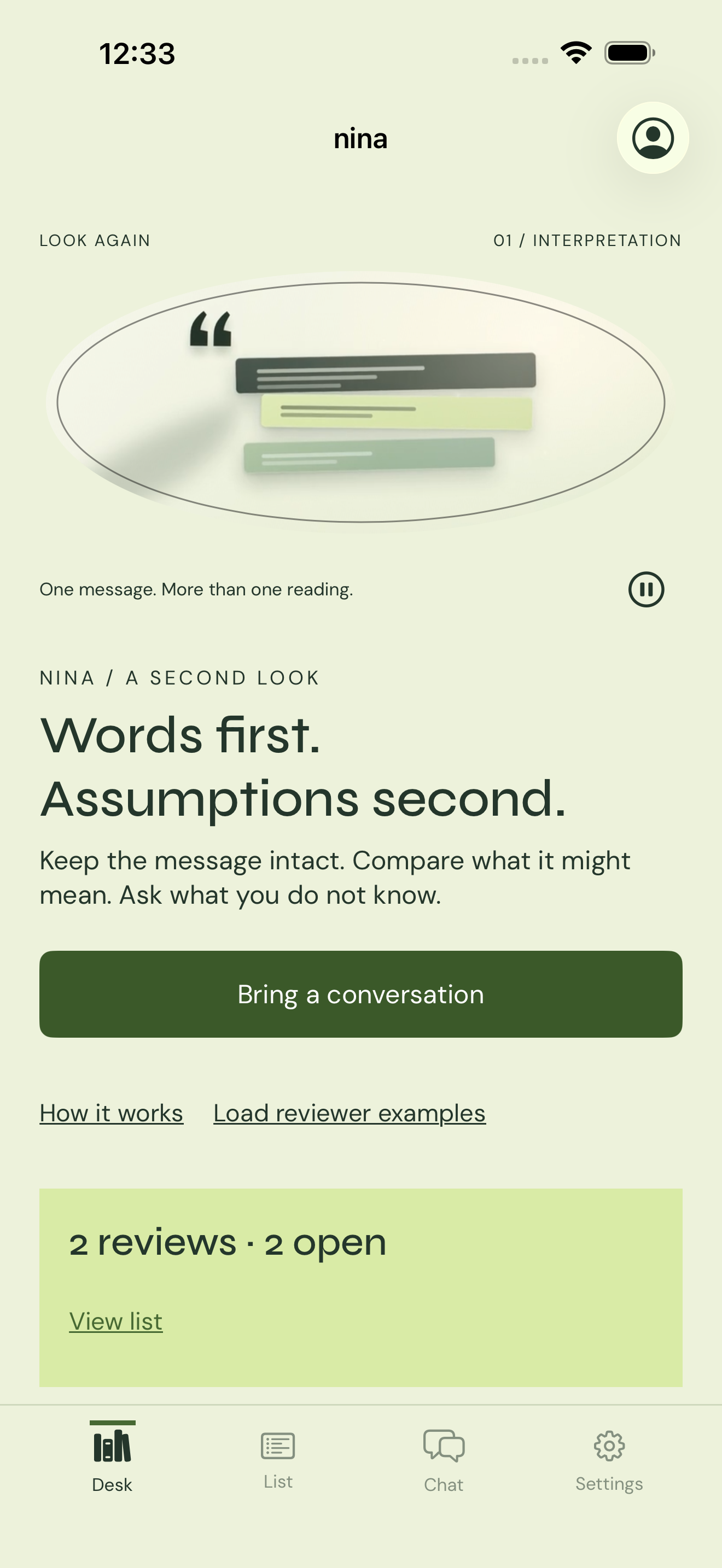 Nina home screen showing the Words first, assumptions second introduction and a Bring a conversation button.