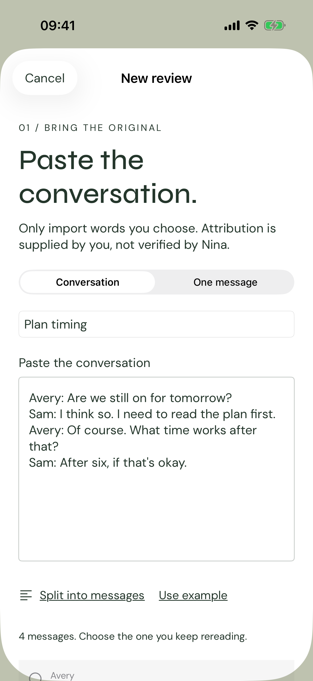 Nina conversation import screen with a pasted four-message conversation.