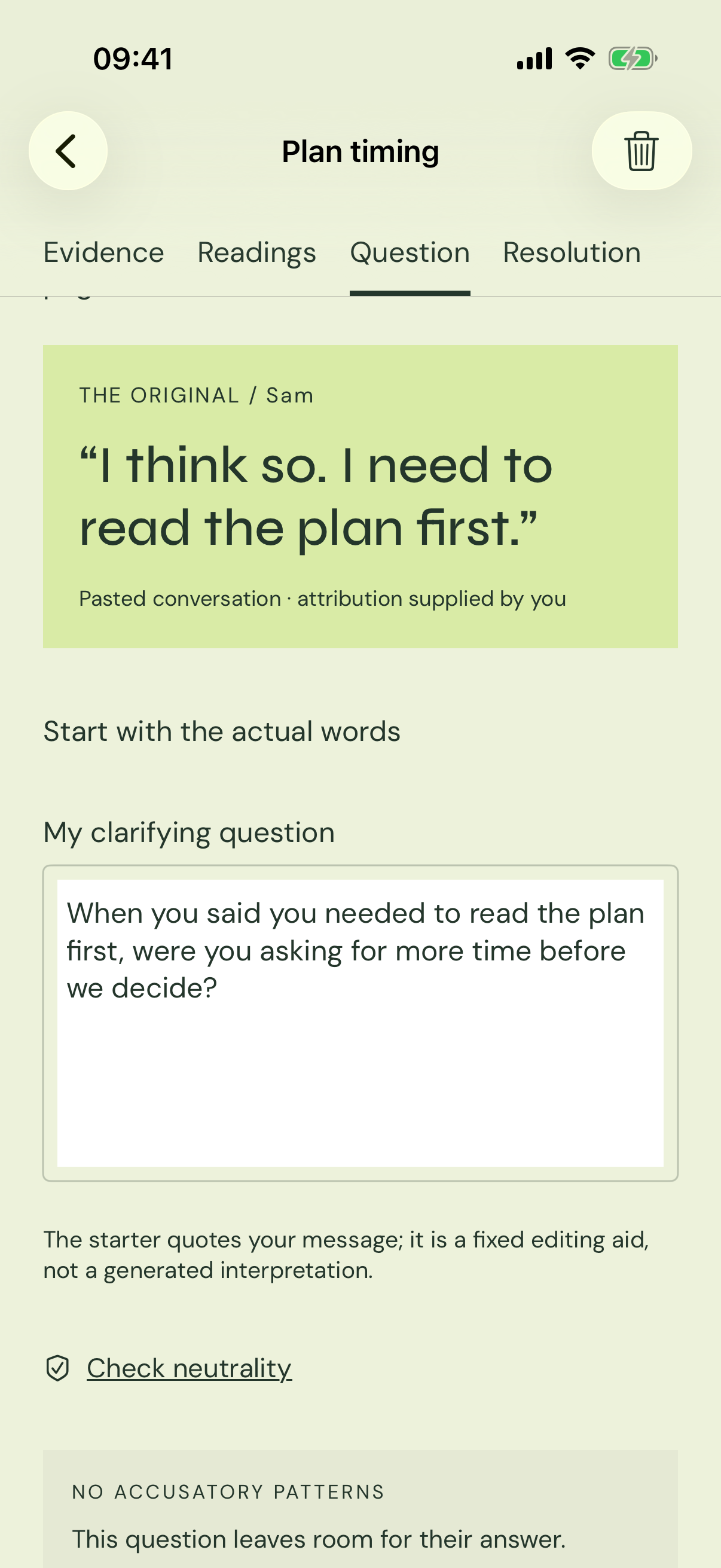 Nina clarifying question screen with a neutral question and neutrality check.