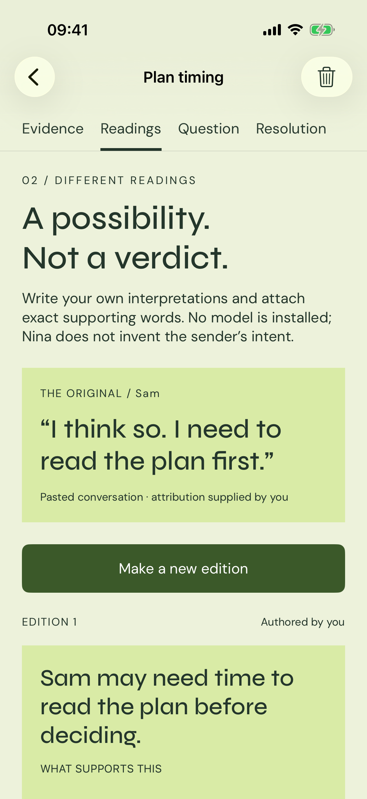 Nina readings screen with an authored interpretation, exact quote, and unknown.