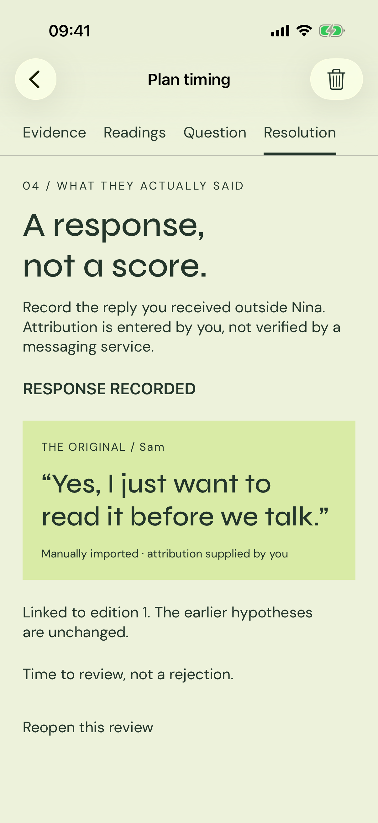 Nina resolution screen showing a recorded response linked to an earlier edition.
